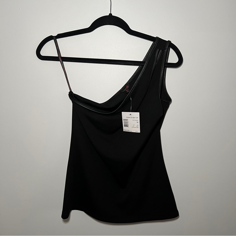 G by Guess Idana Scuba Top Black One-Shoulder Top with Faux Leather Trim Size M